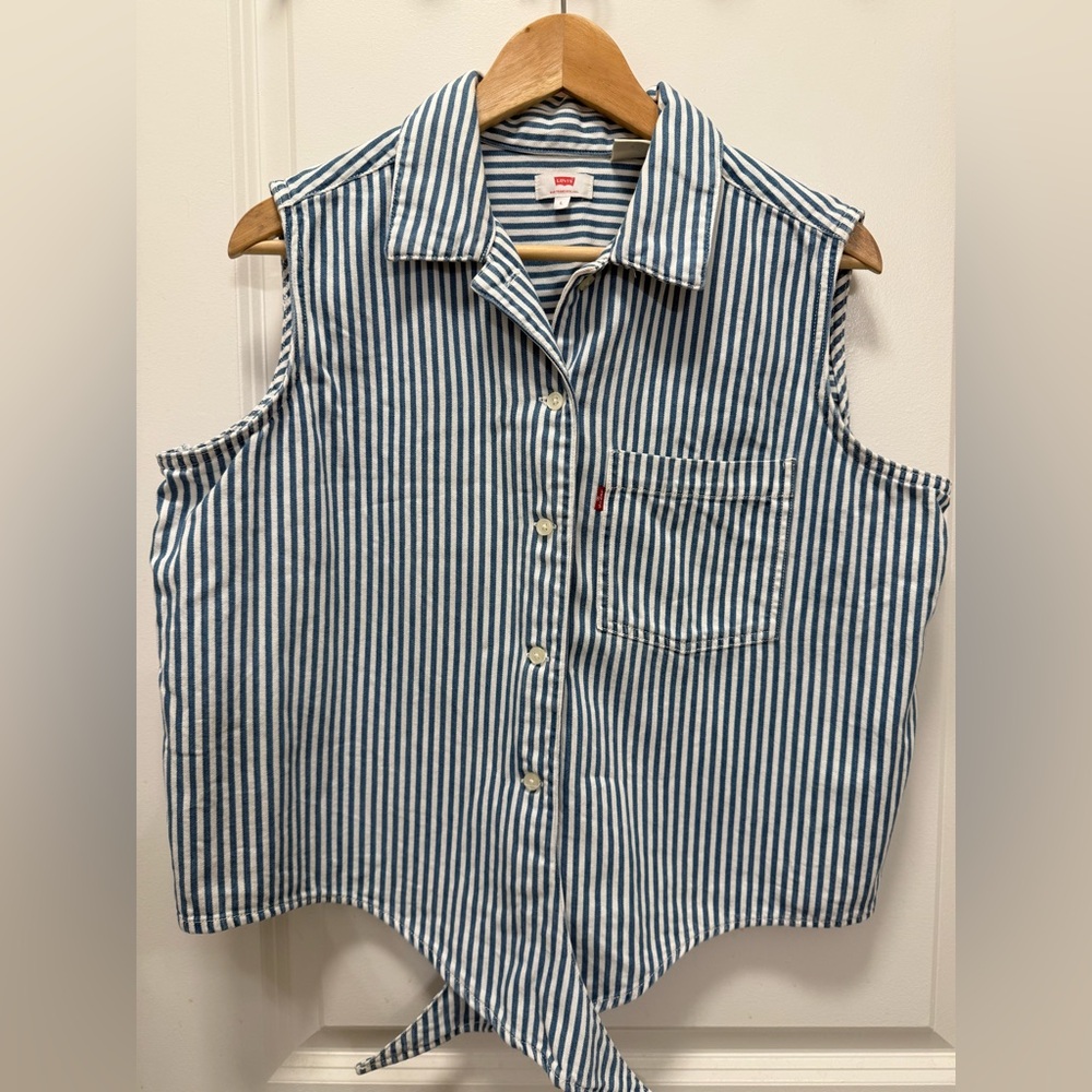 Levi's Striped Blue and White Denim Tie SleevelessShirt